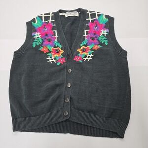 Vintage Jantzen Classics Women Black Floral Embroidered Button Front Knit Vest